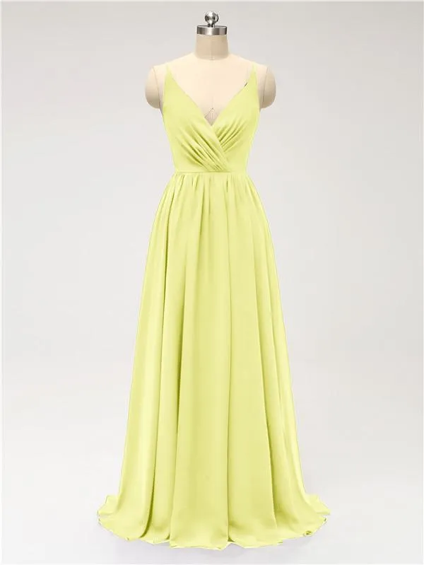 A-line Spaghetti Straps V Neck Chiffon Floor Length Bridesmaid Dresses