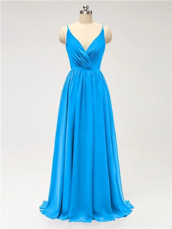 A-line Spaghetti Straps V Neck Chiffon Floor Length Bridesmaid Dresses