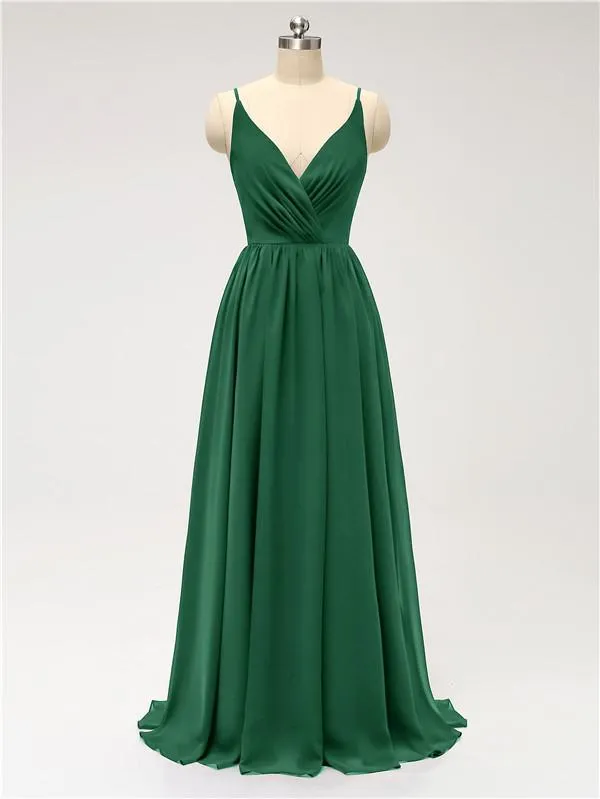 A-line Spaghetti Straps V Neck Chiffon Floor Length Bridesmaid Dresses