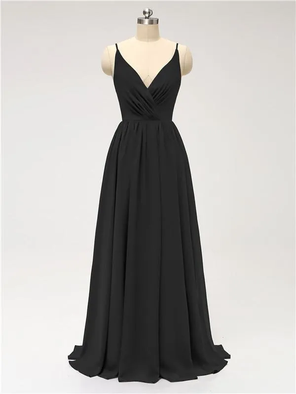 A-line Spaghetti Straps V Neck Chiffon Floor Length Bridesmaid Dresses
