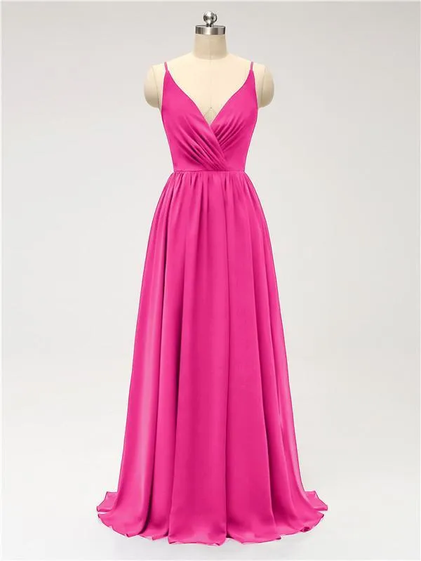 A-line Spaghetti Straps V Neck Chiffon Floor Length Bridesmaid Dresses