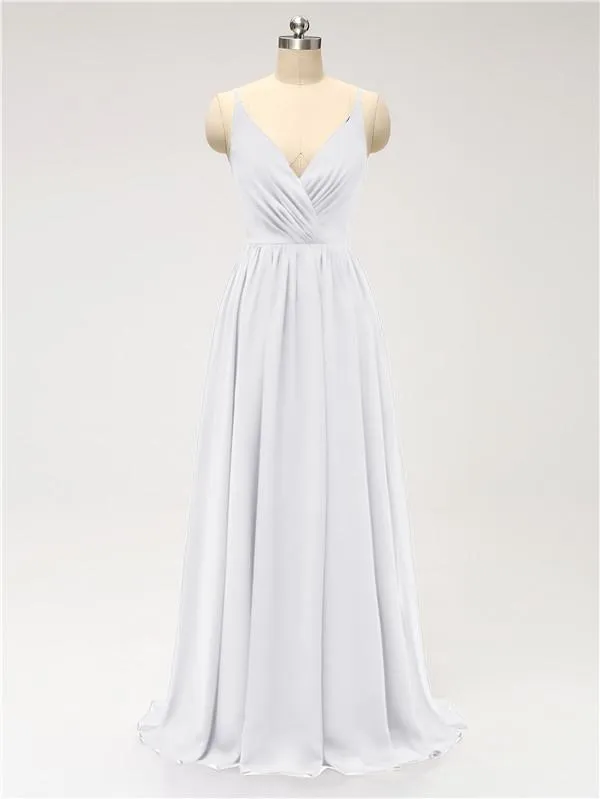 A-line Spaghetti Straps V Neck Chiffon Floor Length Bridesmaid Dresses