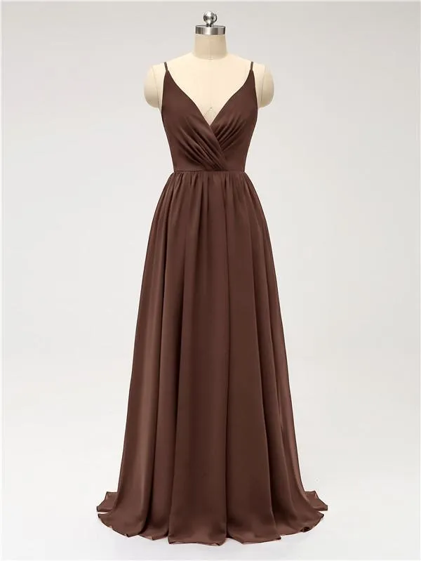 A-line Spaghetti Straps V Neck Chiffon Floor Length Bridesmaid Dresses