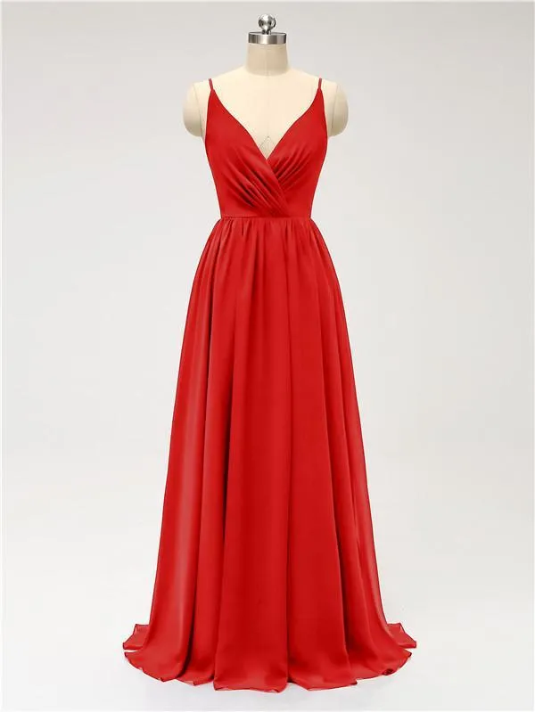 A-line Spaghetti Straps V Neck Chiffon Floor Length Bridesmaid Dresses