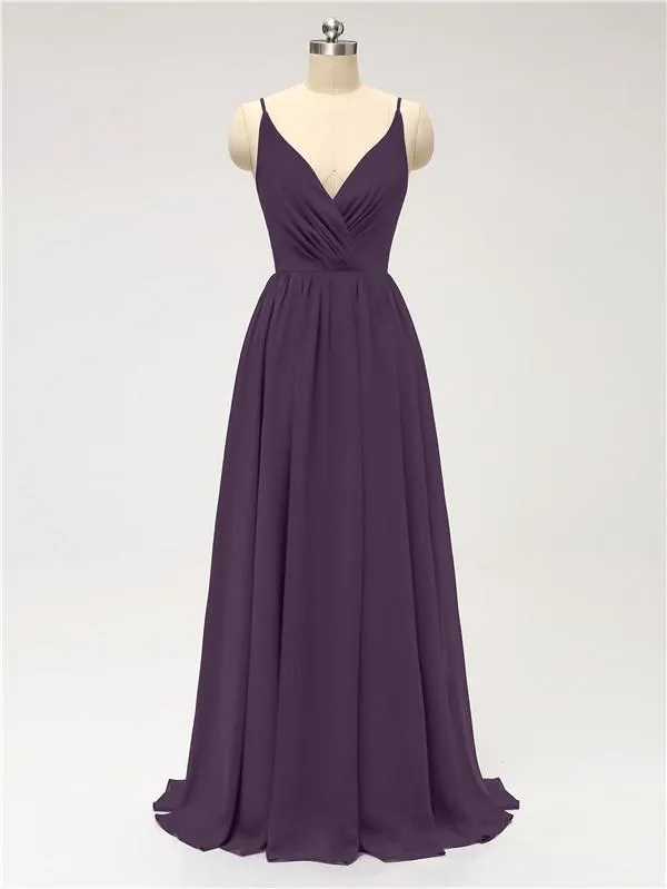 A-line Spaghetti Straps V Neck Chiffon Floor Length Bridesmaid Dresses