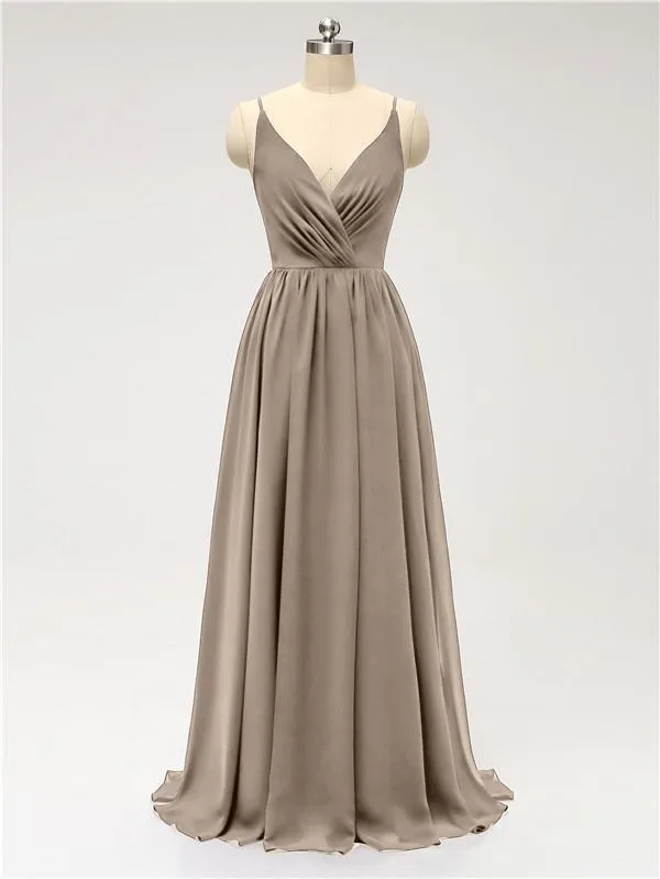 A-line Spaghetti Straps V Neck Chiffon Floor Length Bridesmaid Dresses