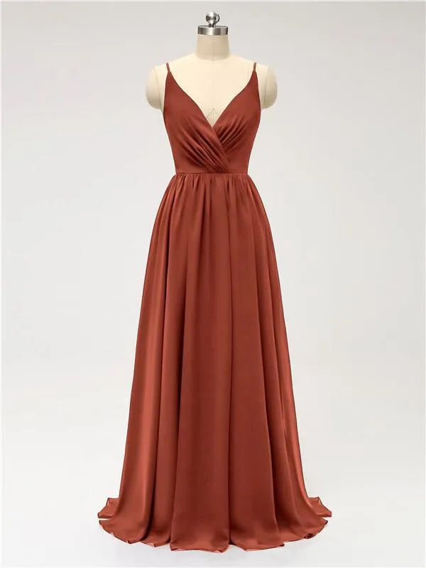 A-line Spaghetti Straps V Neck Chiffon Floor Length Bridesmaid Dresses