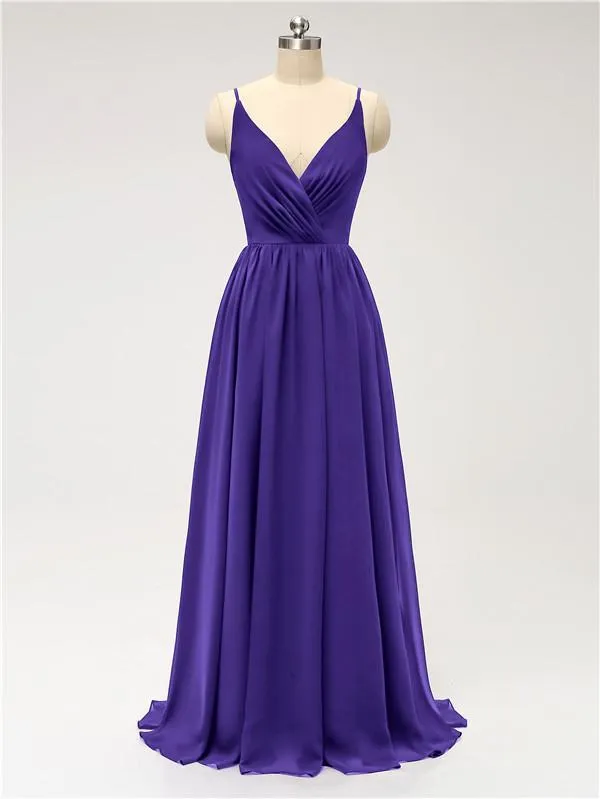 A-line Spaghetti Straps V Neck Chiffon Floor Length Bridesmaid Dresses