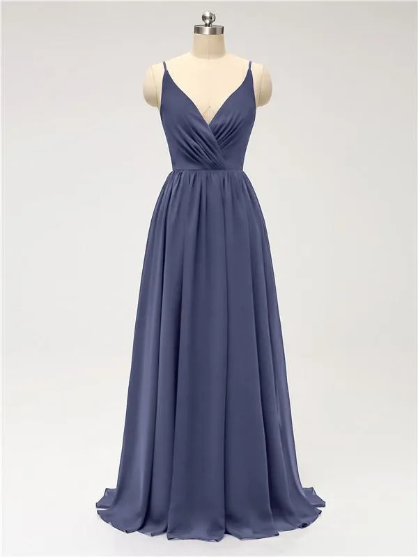 A-line Spaghetti Straps V Neck Chiffon Floor Length Bridesmaid Dresses
