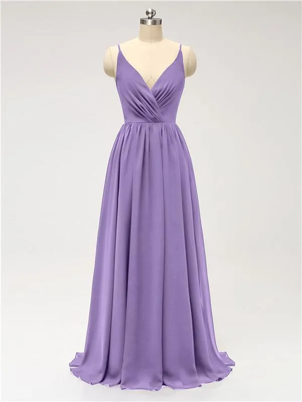 A-line Spaghetti Straps V Neck Chiffon Floor Length Bridesmaid Dresses