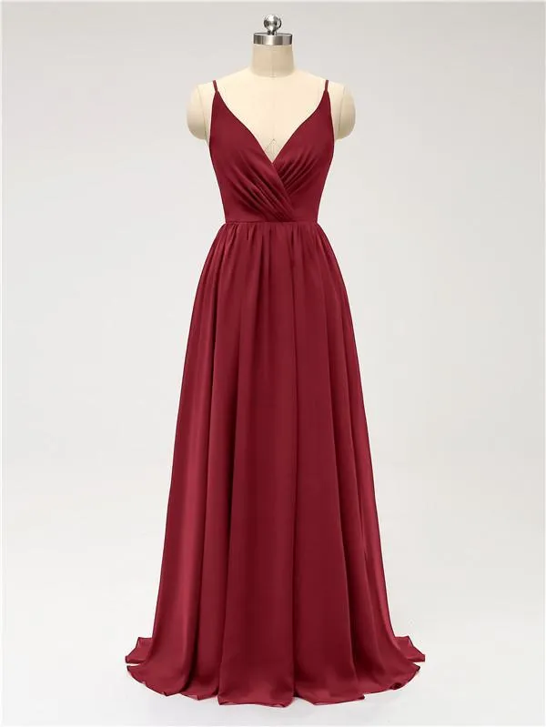 A-line Spaghetti Straps V Neck Chiffon Floor Length Bridesmaid Dresses