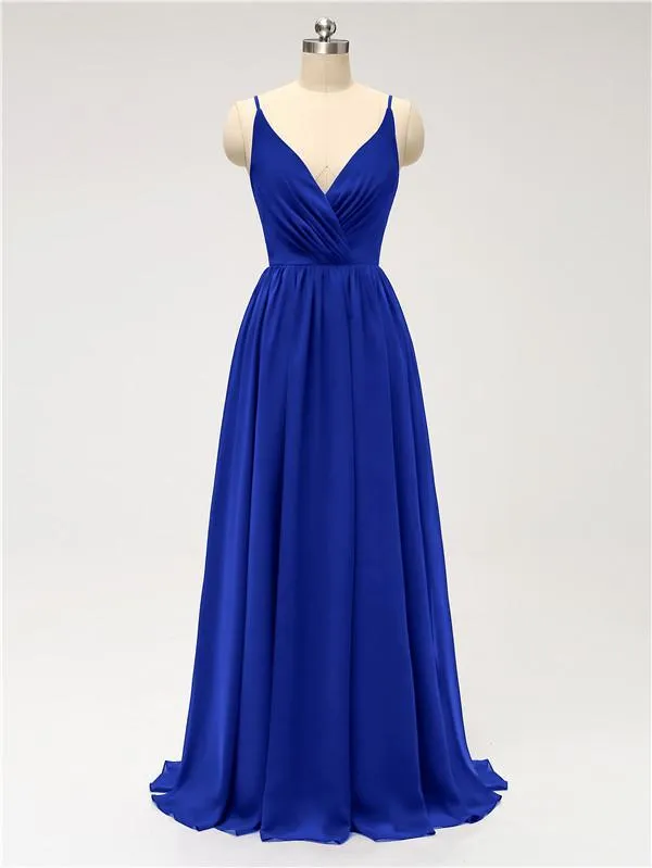A-line Spaghetti Straps V Neck Chiffon Floor Length Bridesmaid Dresses