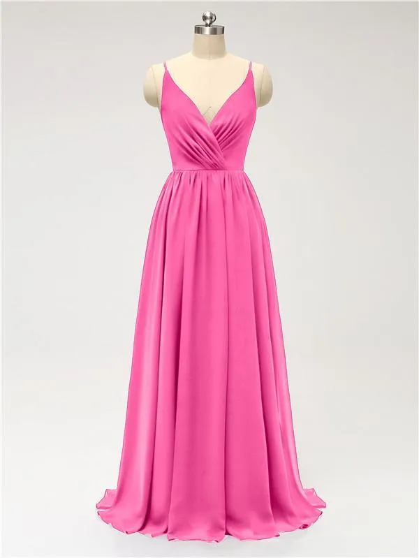 A-line Spaghetti Straps V Neck Chiffon Floor Length Bridesmaid Dresses