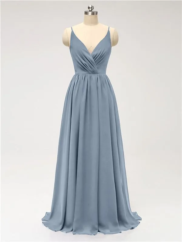 A-line Spaghetti Straps V Neck Chiffon Floor Length Bridesmaid Dresses