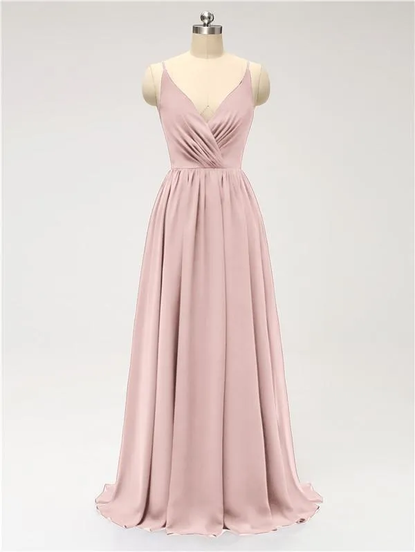 A-line Spaghetti Straps V Neck Chiffon Floor Length Bridesmaid Dresses