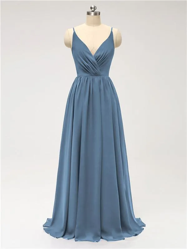 A-line Spaghetti Straps V Neck Chiffon Floor Length Bridesmaid Dresses