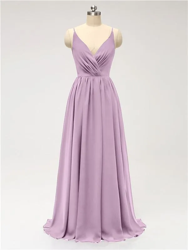 A-line Spaghetti Straps V Neck Chiffon Floor Length Bridesmaid Dresses