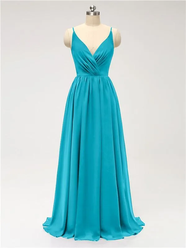 A-line Spaghetti Straps V Neck Chiffon Floor Length Bridesmaid Dresses