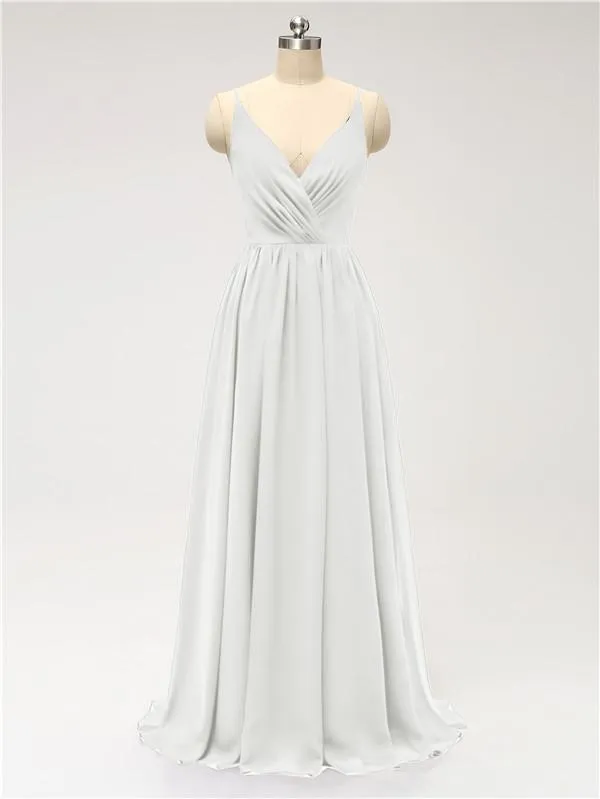 A-line Spaghetti Straps V Neck Chiffon Floor Length Bridesmaid Dresses