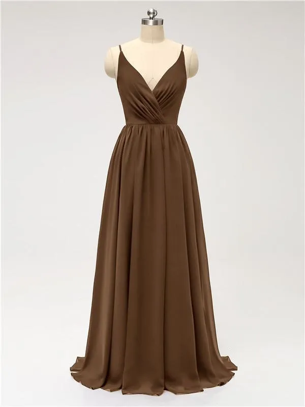 A-line Spaghetti Straps V Neck Chiffon Floor Length Bridesmaid Dresses