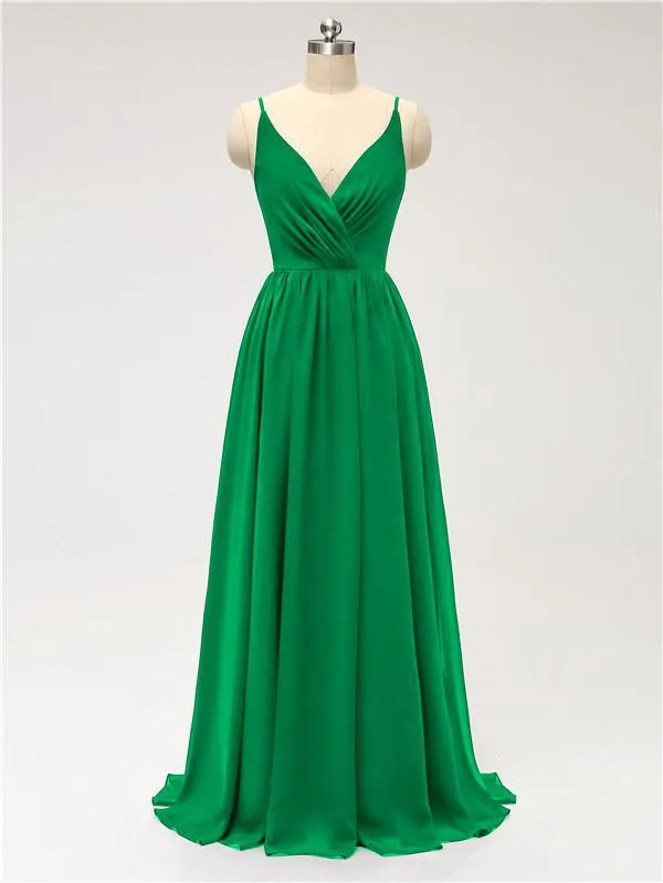A-line Spaghetti Straps V Neck Chiffon Floor Length Bridesmaid Dresses