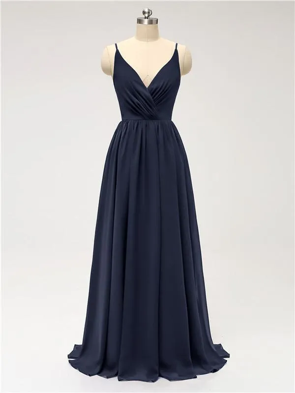 A-line Spaghetti Straps V Neck Chiffon Floor Length Bridesmaid Dresses