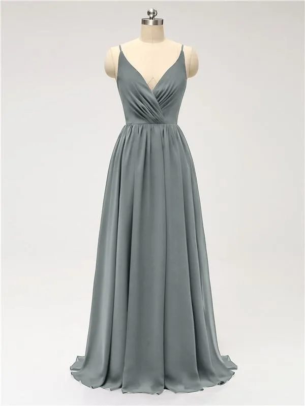 A-line Spaghetti Straps V Neck Chiffon Floor Length Bridesmaid Dresses