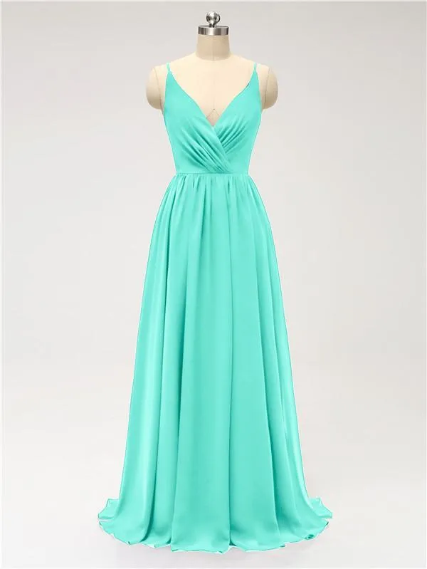 A-line Spaghetti Straps V Neck Chiffon Floor Length Bridesmaid Dresses