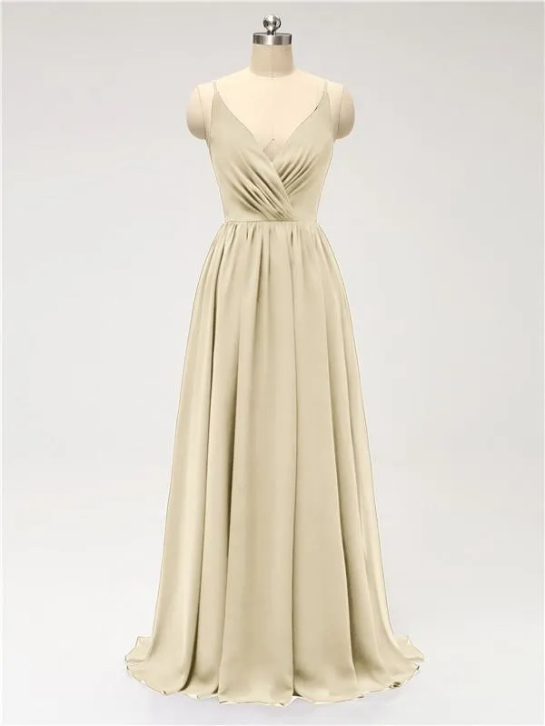 A-line Spaghetti Straps V Neck Chiffon Floor Length Bridesmaid Dresses