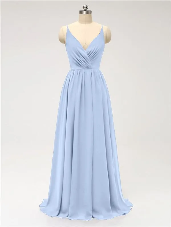 A-line Spaghetti Straps V Neck Chiffon Floor Length Bridesmaid Dresses