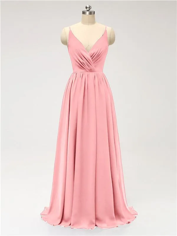 A-line Spaghetti Straps V Neck Chiffon Floor Length Bridesmaid Dresses
