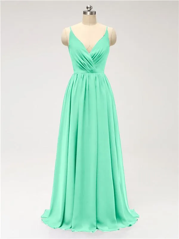 A-line Spaghetti Straps V Neck Chiffon Floor Length Bridesmaid Dresses