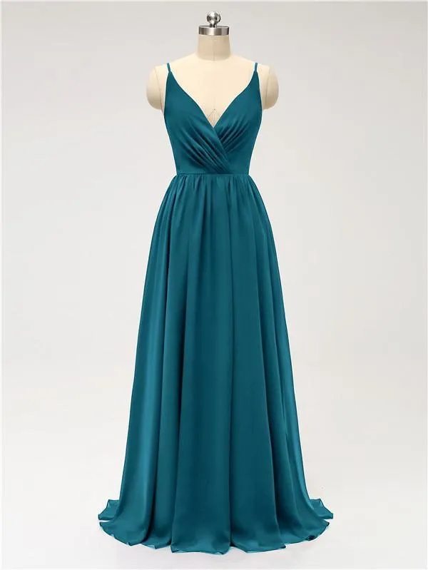 A-line Spaghetti Straps V Neck Chiffon Floor Length Bridesmaid Dresses