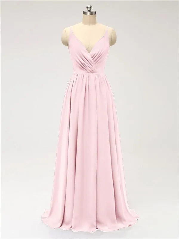 A-line Spaghetti Straps V Neck Chiffon Floor Length Bridesmaid Dresses