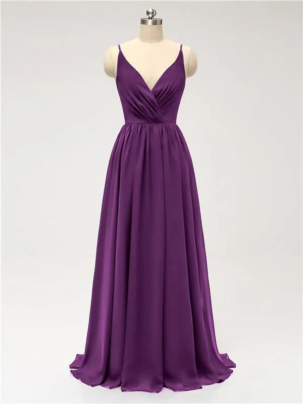A-line Spaghetti Straps V Neck Chiffon Floor Length Bridesmaid Dresses