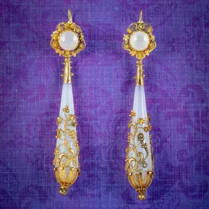 Antique Georgian Day And Night Chalcedony Drop Earrings 18ct Gold Circa 1800