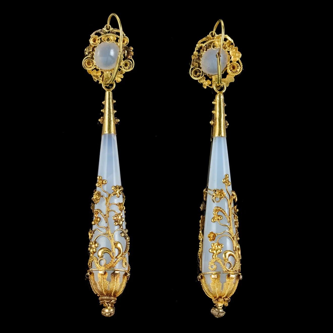 Antique Georgian Day And Night Chalcedony Drop Earrings 18ct Gold Circa 1800