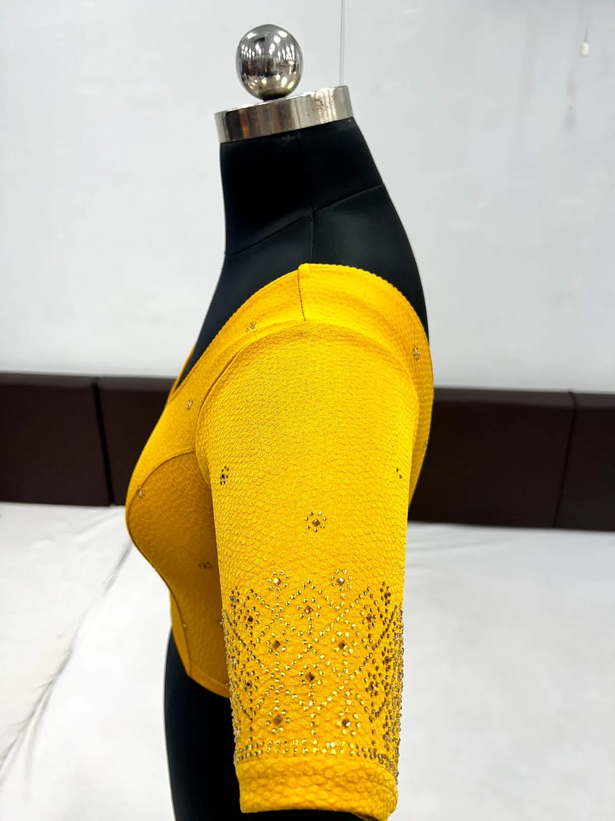 Appealing Yellow Color Cotton Lycra Ready To Wear Strachable Blouse With Siroski Work
