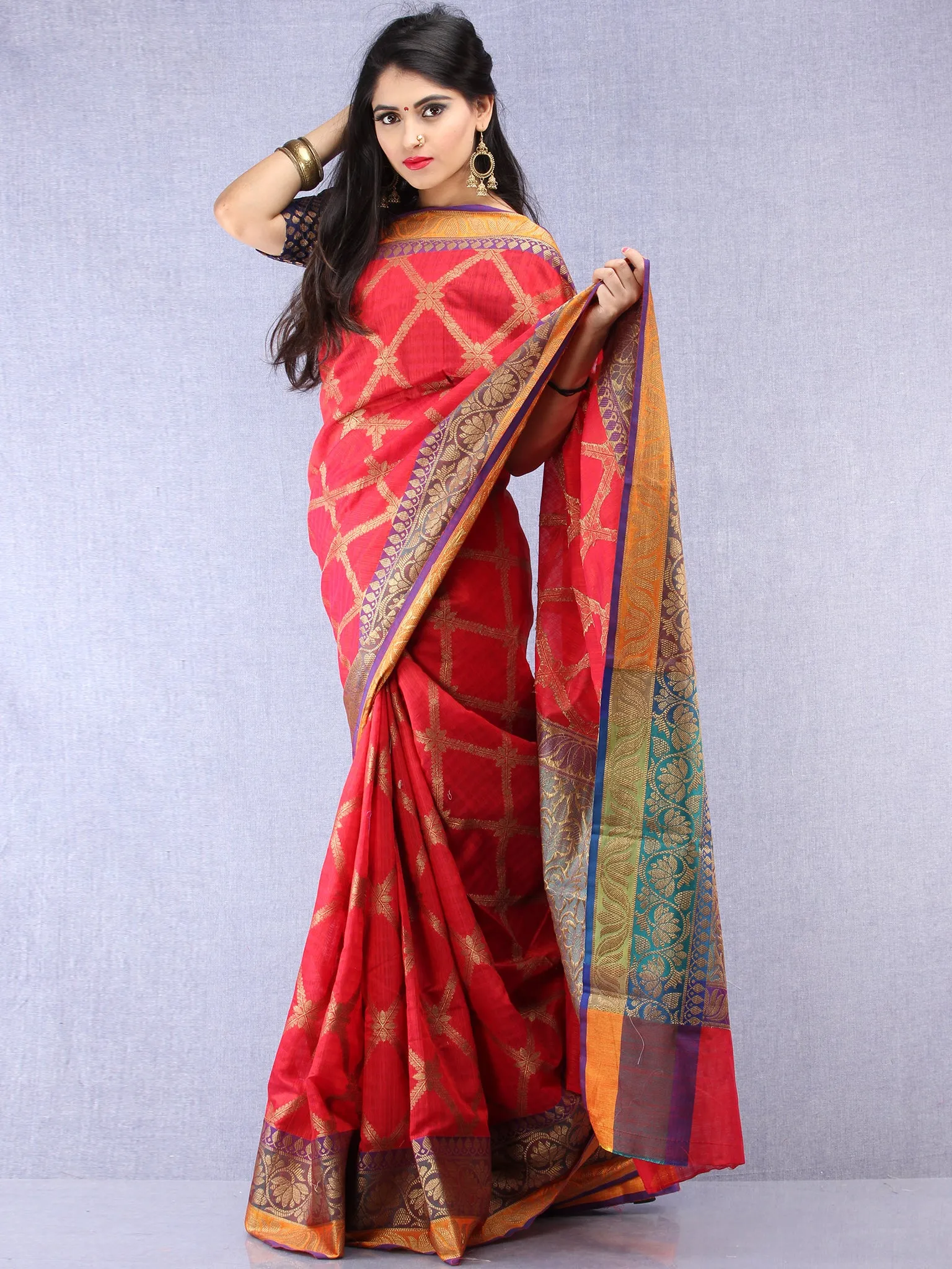 Banarasee Cotton Silk Saree With Zari Work - Crimson Red Purple & Gold - S031704395