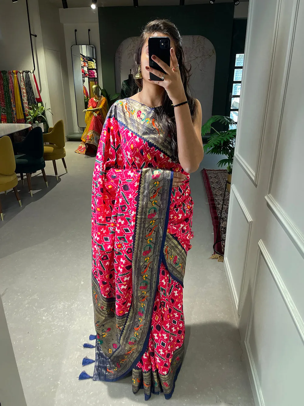 Crimson Color Patola Paithani Printed with Foil Work Dola Silk Saree