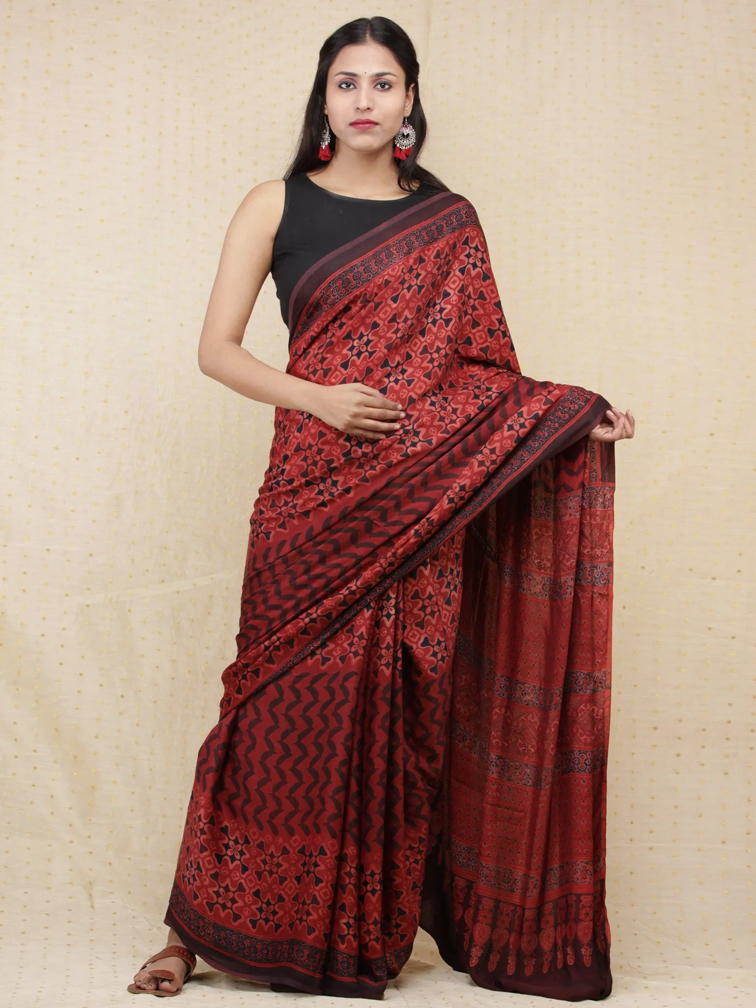 Crimson Red Black Ajrakh Hand Block Printed Modal Silk Saree - S031704150