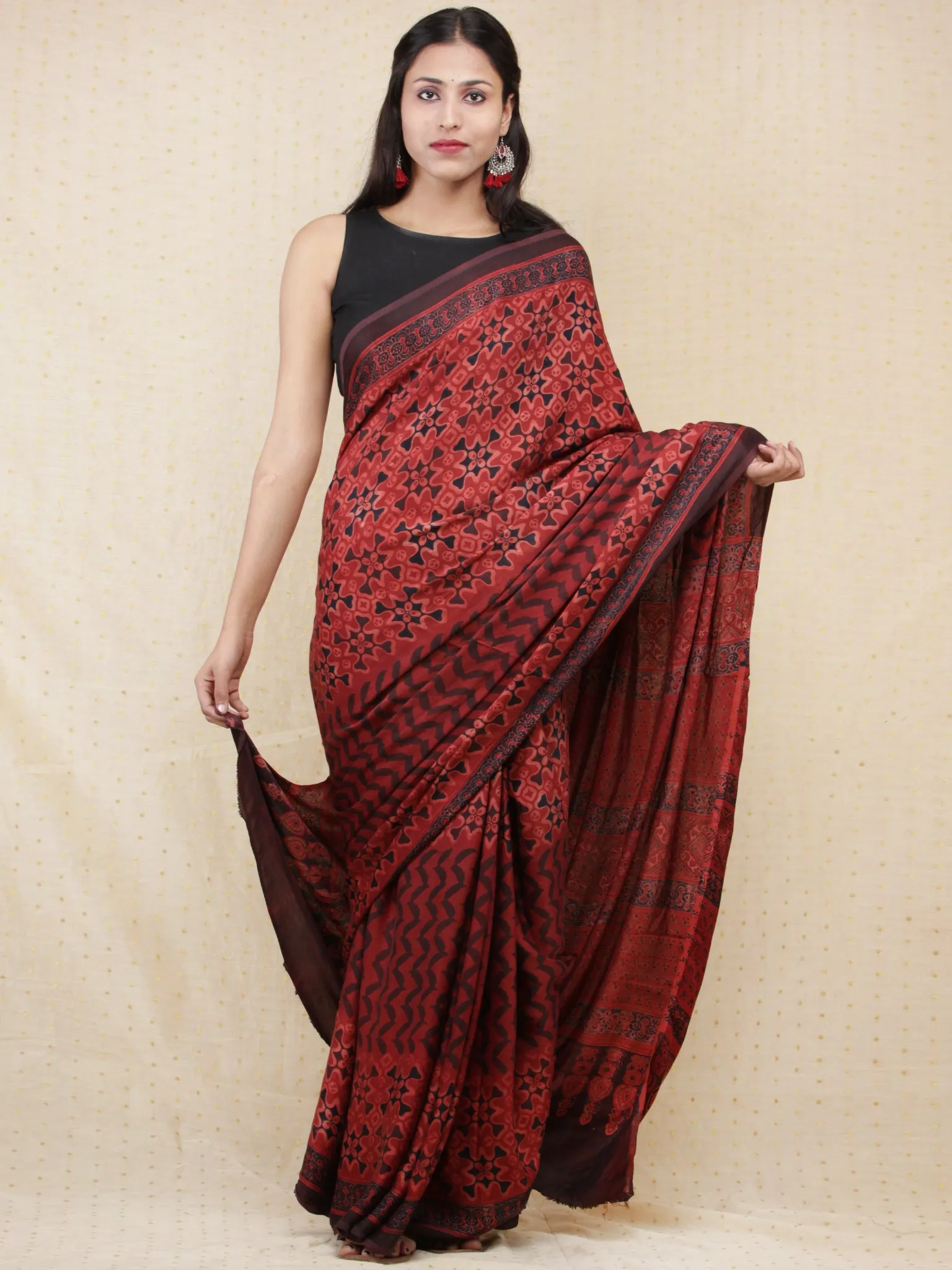 Crimson Red Black Ajrakh Hand Block Printed Modal Silk Saree - S031704150