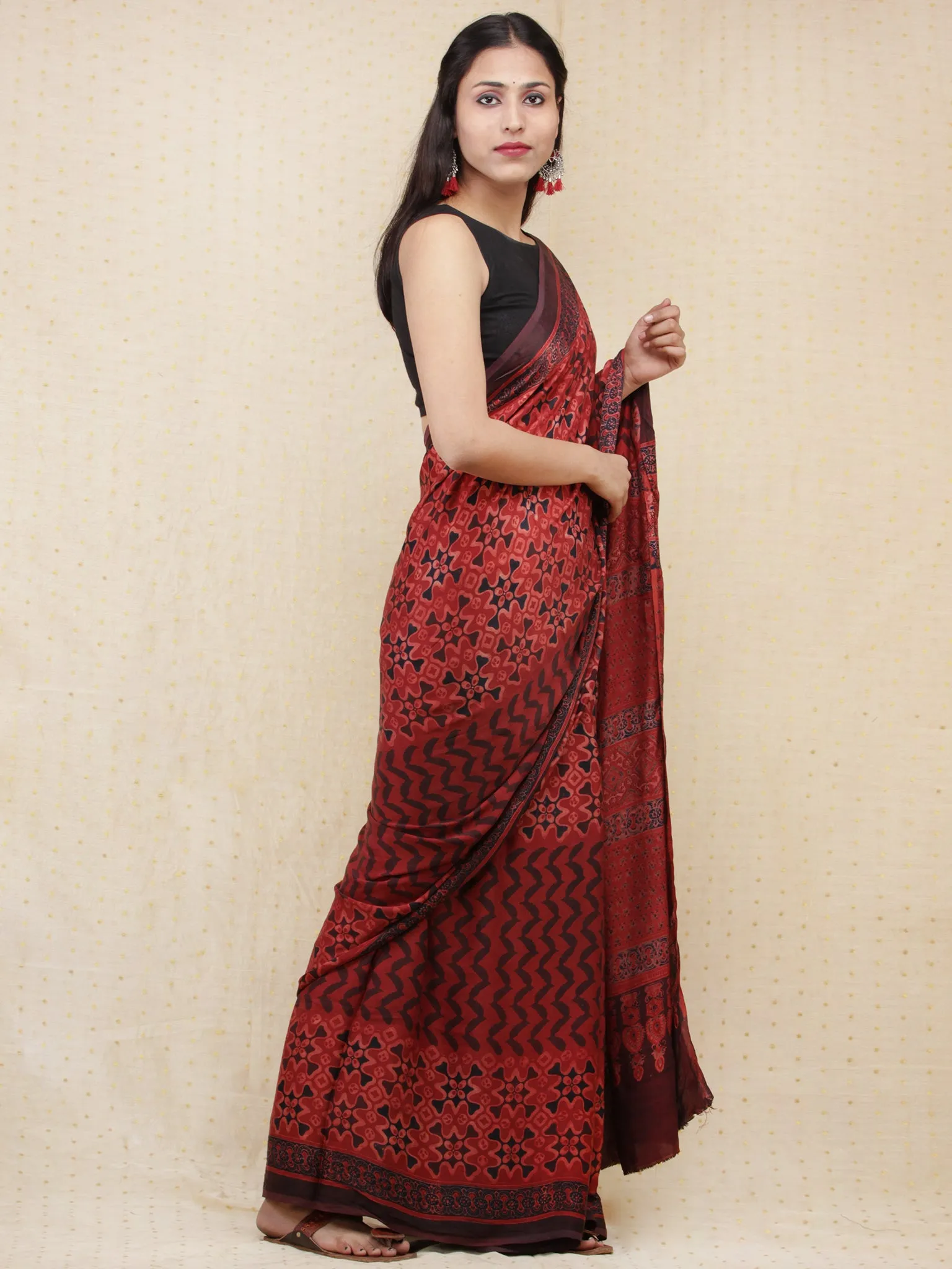Crimson Red Black Ajrakh Hand Block Printed Modal Silk Saree - S031704150
