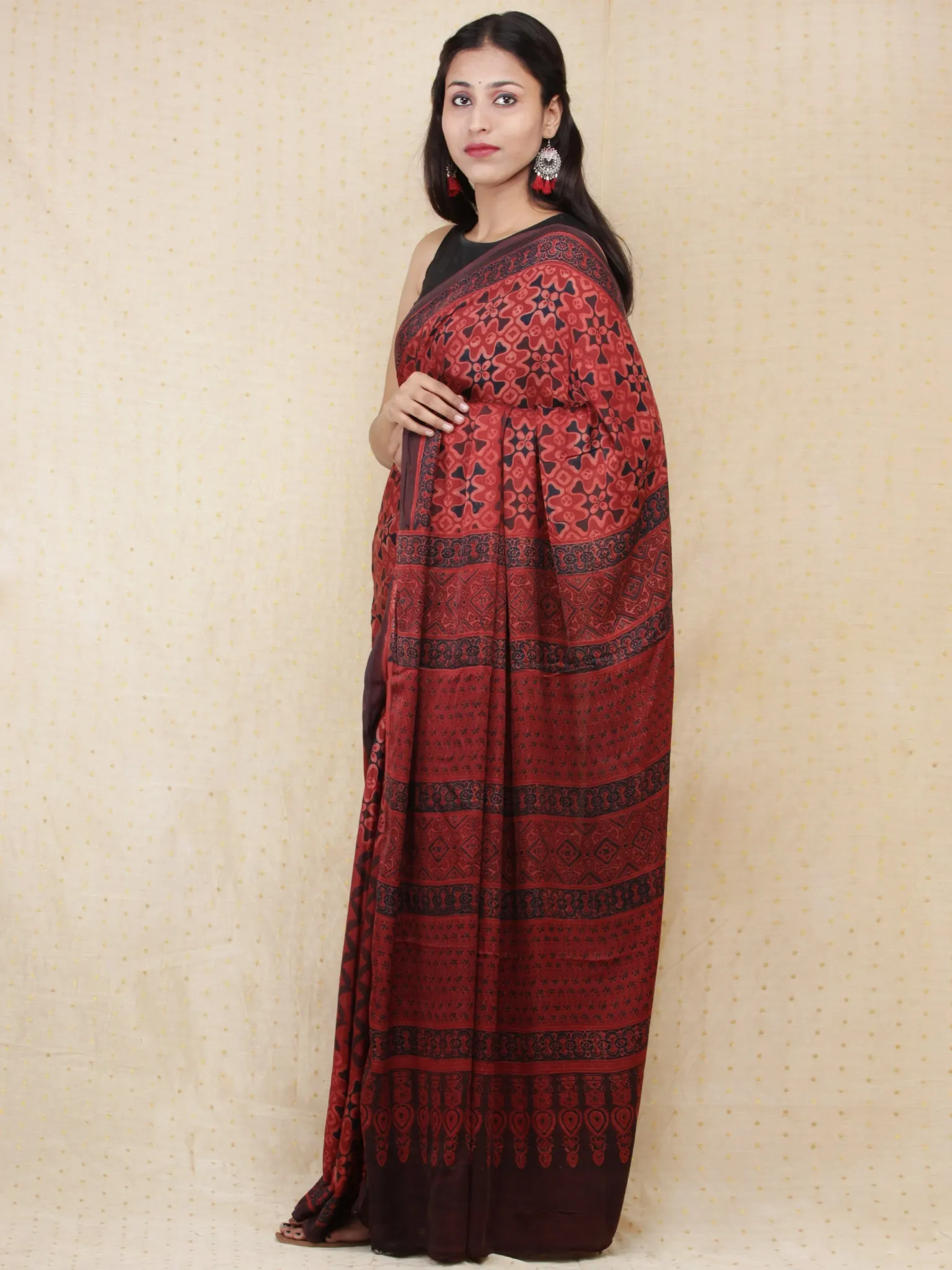 Crimson Red Black Ajrakh Hand Block Printed Modal Silk Saree - S031704150