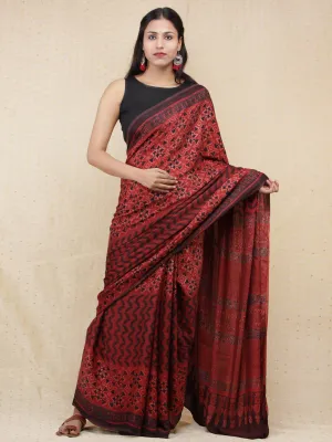 Crimson Red Black Ajrakh Hand Block Printed Modal Silk Saree - S031704150
