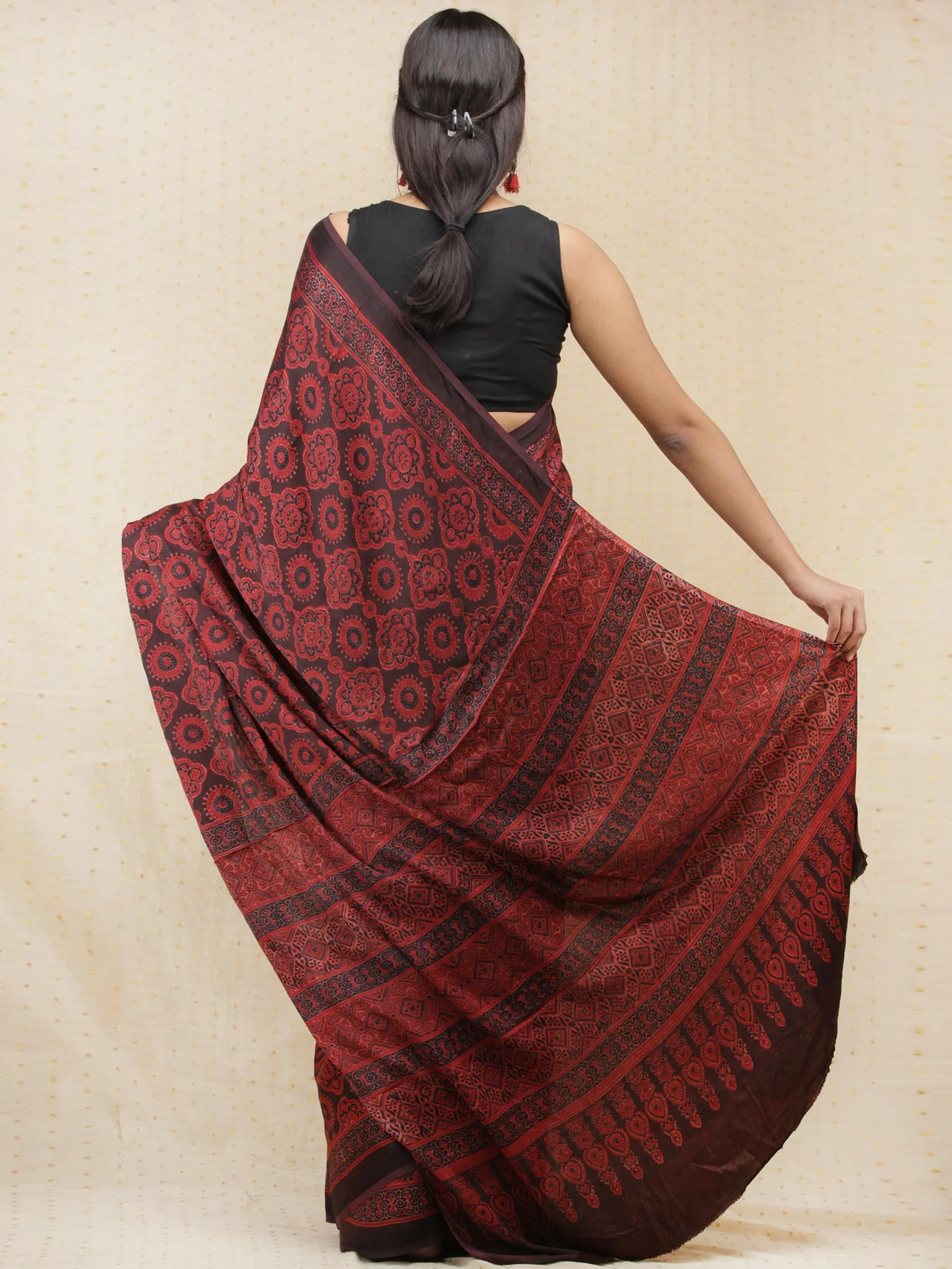 Crimson Red Black Ajrakh Hand Block Printed Modal Silk Saree - S031704154
