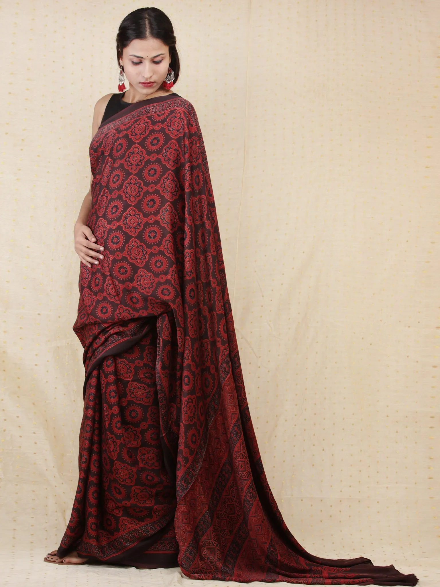 Crimson Red Black Ajrakh Hand Block Printed Modal Silk Saree - S031704154