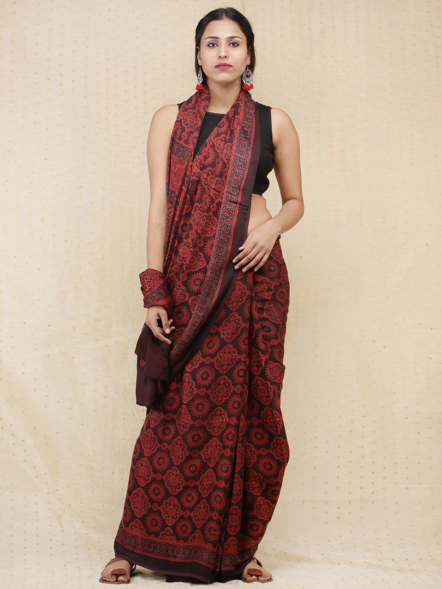 Crimson Red Black Ajrakh Hand Block Printed Modal Silk Saree - S031704154