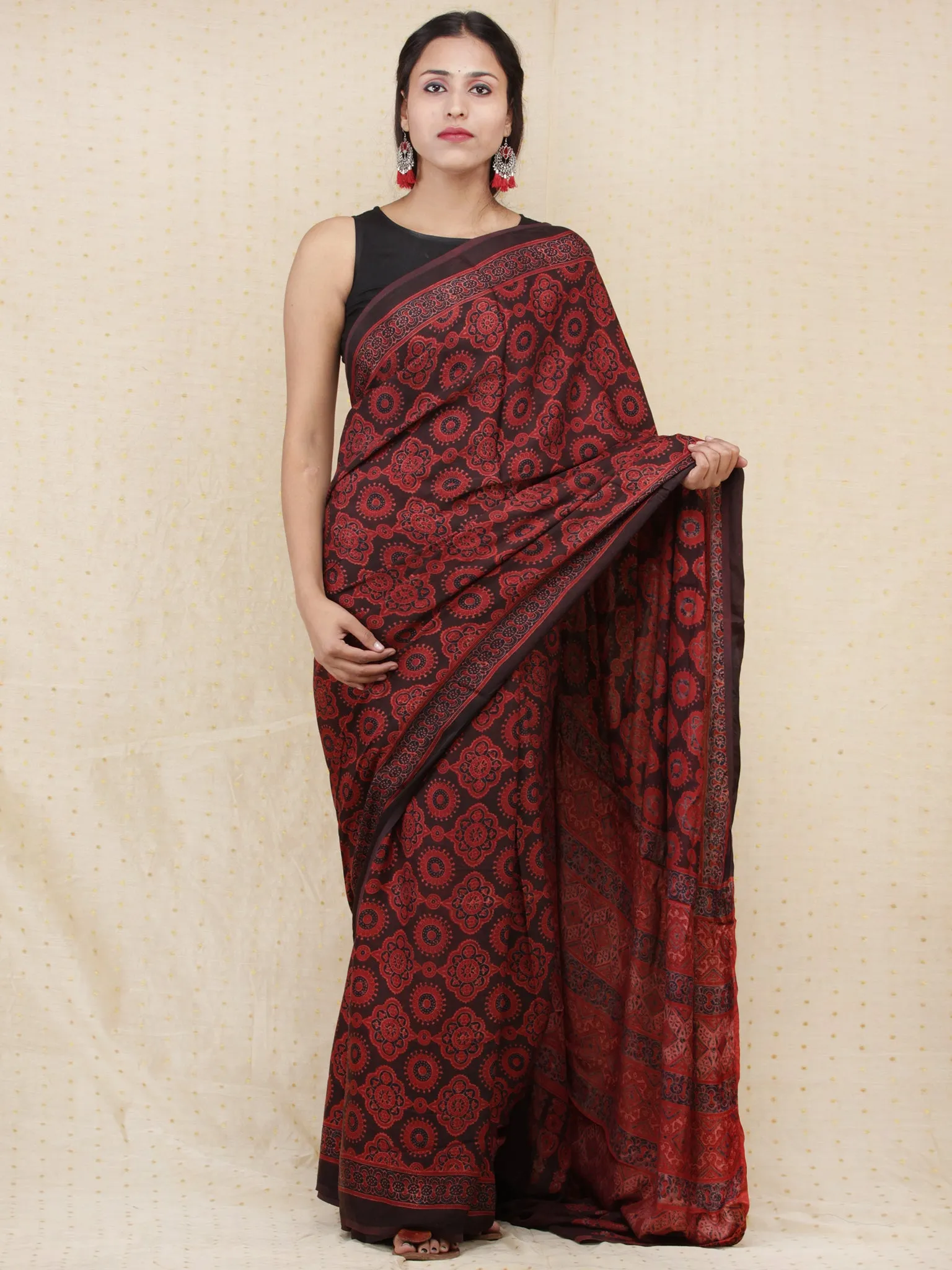 Crimson Red Black Ajrakh Hand Block Printed Modal Silk Saree - S031704154