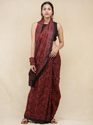 Crimson Red Black Ajrakh Hand Block Printed Modal Silk Saree - S031704154